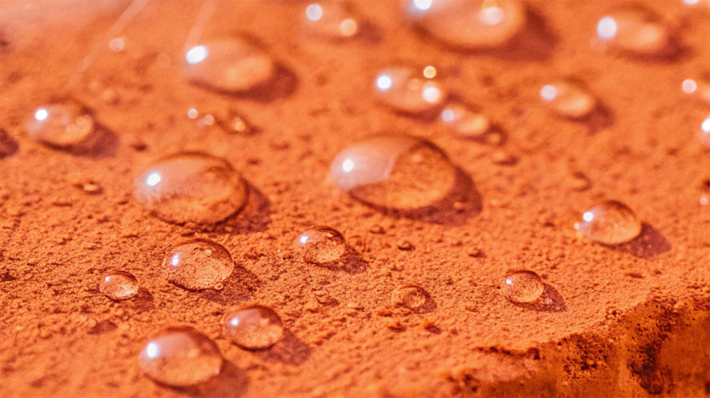 Nahaufnahme eines imprägnierten Ziegelsteins mit Wassertropfen, die auf der wasserabweisenden Schicht haften.