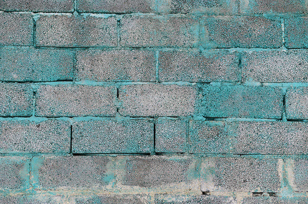 Nahaufnahme einer Backsteinmauer mit sichtbarem Zementschleier, der als heller, ungleichmäßiger Belag auf den Ziegeln liegt.