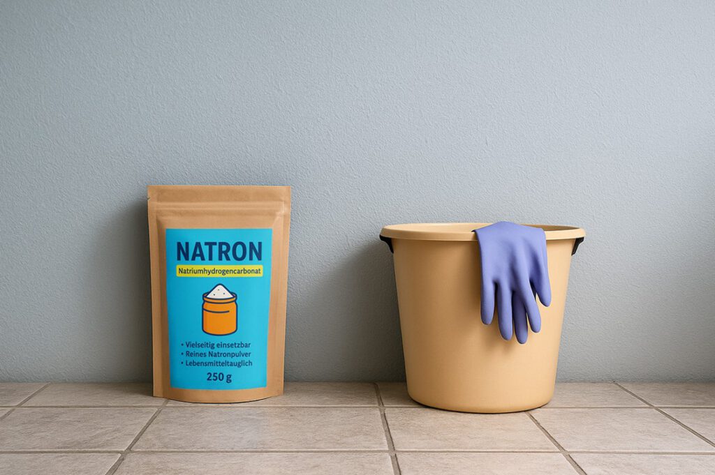Ein Beutel mit der Aufschrift „Natron – Natriumhydrogencarbonat“ steht neben einem gelben Putzeimer mit lilafarbener Gummihand auf einem gefliesten Boden.