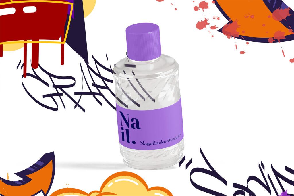 Nagellackentferner-Flasche vor buntem Graffiti-Hintergrund – Symbolbild für die Frage, ob sich Graffiti mit Nagellackentferner entfernen lässt.