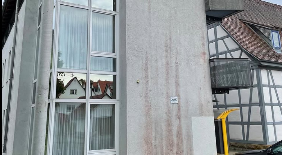Fassade eines Mehrfamilienhauses mit senkrechten rotbraunen Algenstreifen, deutlich sichtbar auf dem hellen Putz neben großen Fensterflächen.