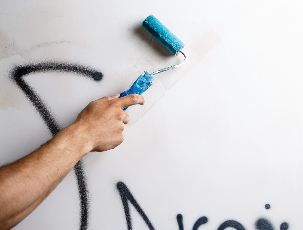 Hand streicht mit Farbrolle ein Graffiti an einer weißen Wand über.