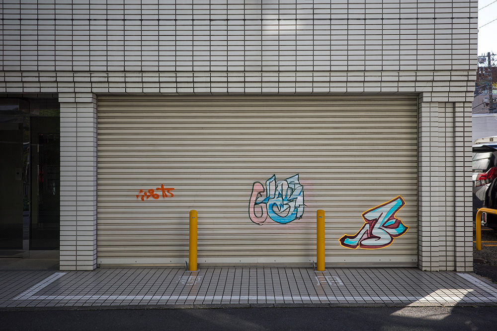 Garagentor mit Graffiti-Beschriftung vor Reinigung.