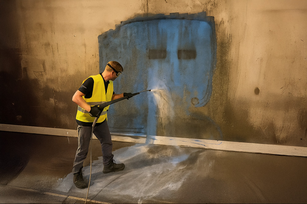 Ein Facharbeiter entfernt mit einem Niederdruckreiniger blaues Graffiti von einer Betonwand in einem Tunnel.