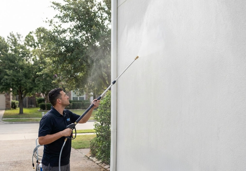 Fassade reinigen und imprägnieren an weißer Putzfassade Techniker reinigt eine weiße Putzfassade mit Teleskoplanze in Niederdrucktechnik als Vorbereitung, um die Fassade zu reinigen und imprägnieren.