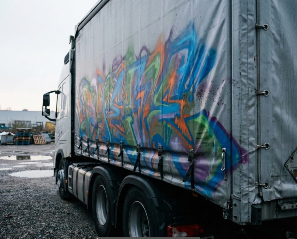 Graffiti auf Lkw-Plane im Industriegelände Graffiti auf einer grauen PVC-Lkw-Plane eines Sattelaufliegers auf einem Industrieparkplatz, Sprühfarbe großflächig auf der Planenfläche.