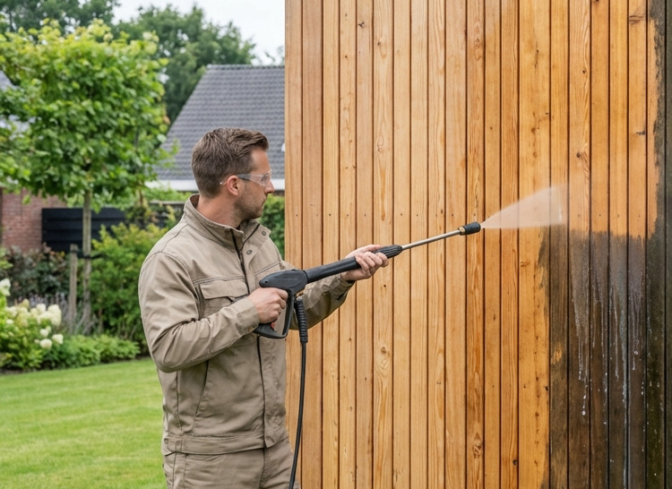Holzfassade schonend reinigen Fachkraft reinigt eine Holzfassade am Haus mit schonender Niederdrucktechnik, sichtbarer Schmutzrand am rechten Fassadenbereich.