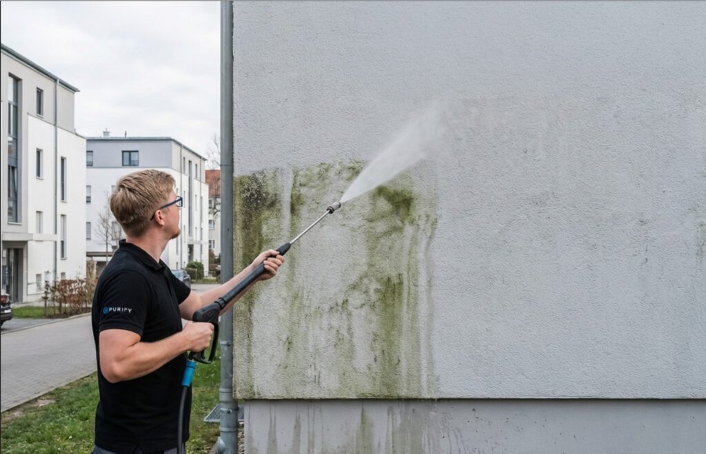 veralgte-fassade-reinigen Professionelle Reinigung einer veralgten Putzfassade mit Niederdrucktechnik – Algenbewuchs wird materialschonend entfernt.