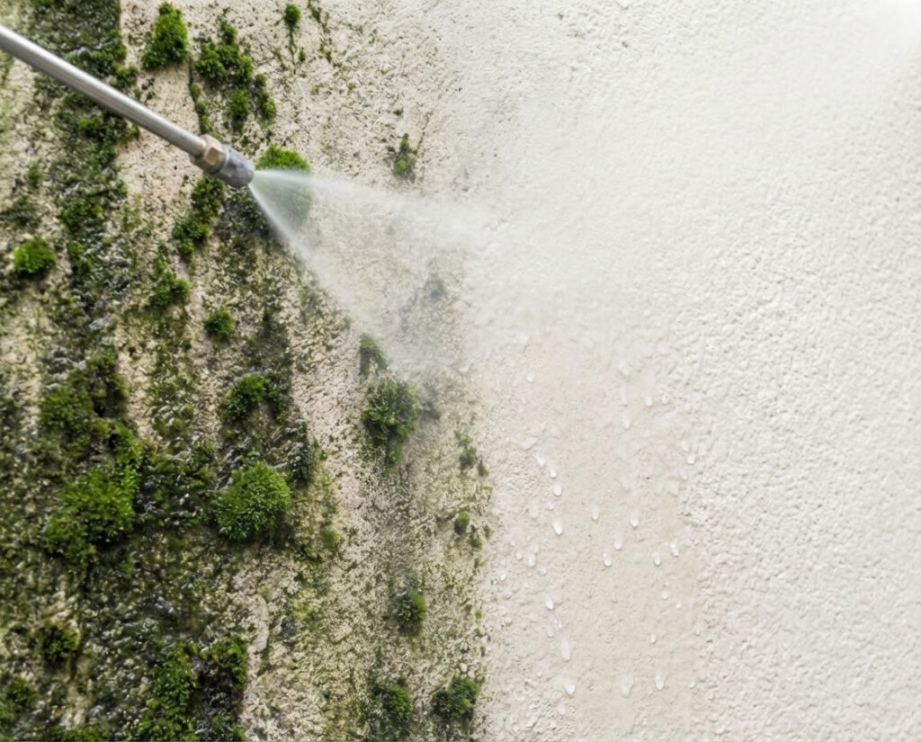 Vermooste Fassade reinigen mit Niederdrucktechnik Vermooste Fassade reinigen: Sprühlanze entfernt Moos schonend mit Niederdrucktechnik auf Putzfassade, links Bewuchs, rechts saubere Fläche.