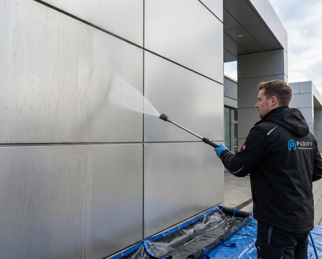 Aluminiumfassade reinigen mit kontrollierter Niederducktechnik Mitarbeiter reinigt eine Aluminiumfassade mit schonender Niederdrucktechnik und sichtbarer Schmutzentfernung.