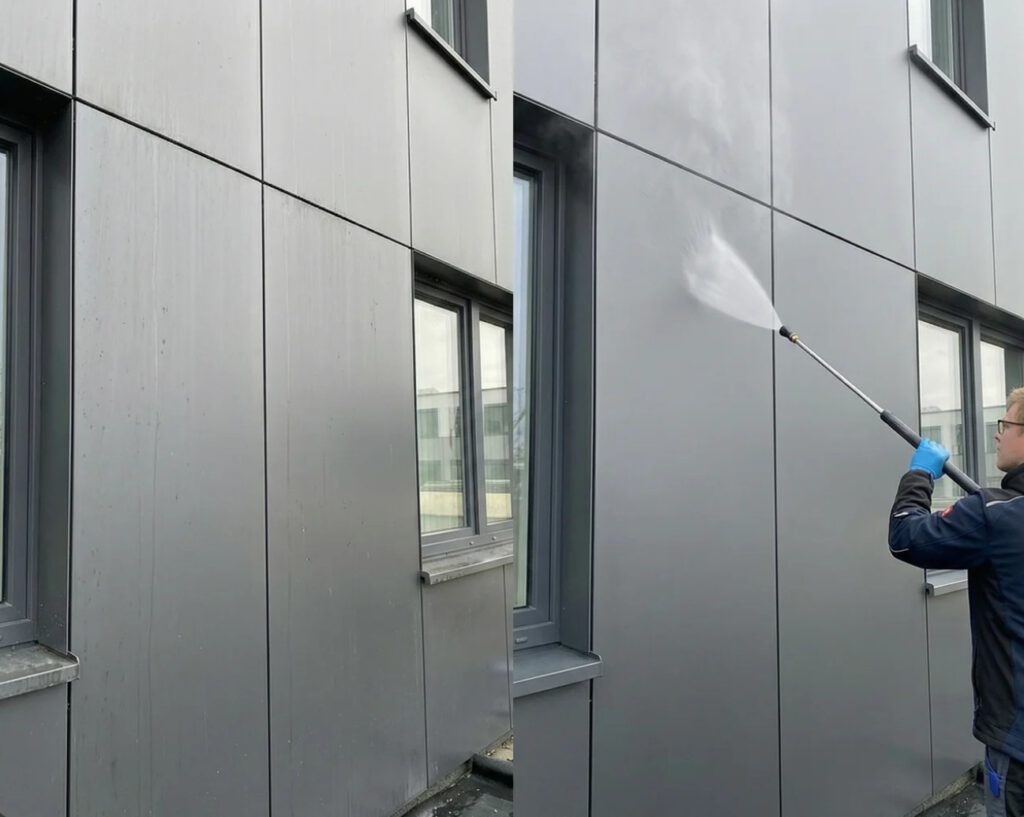 Eloxalfassade reinigen mit professioneller Niederdrucktechnik Eloxalfassade reinigen im Vorher-Nachher-Vergleich mit materialschonender Niederdrucktechnik