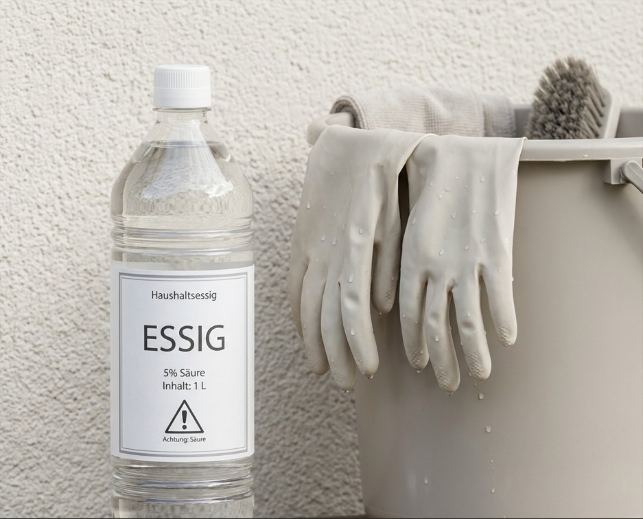Fassade mit Essig reinigen: Hausmittel mit Risiko Essigflasche und Schutzhandschuhe am Eimer vor einer Putzfassade.