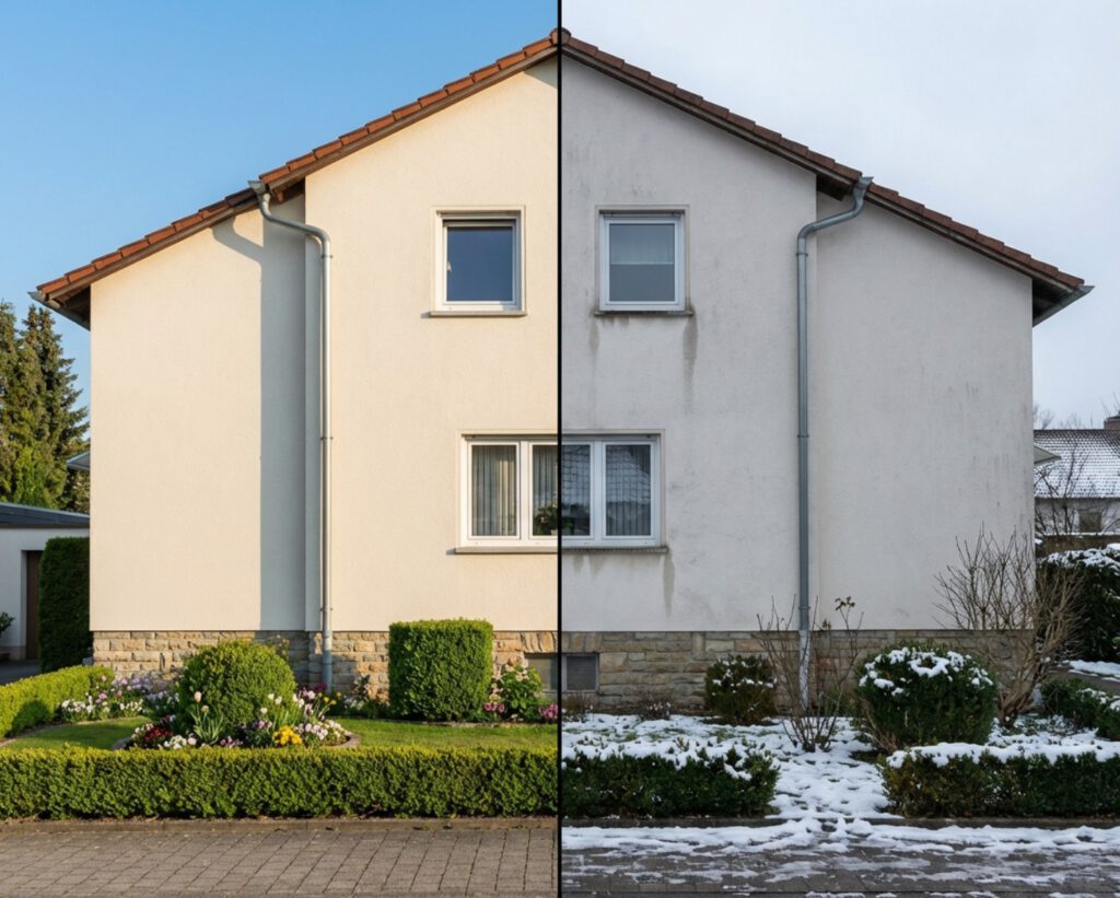 Sommer oder Winter – Wann ist die beste Zeit für eine Fassadenreinigung? Split-Bild einer deutschen Putzfassade im Sommer und Winter zum Vergleich der optimalen Zeit für eine Fassadenreinigung.
