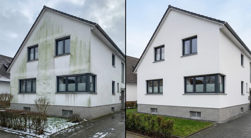 Fassadenreinigung nach dem Winter – sichtbarer Unterschied im Vorher-Nachher-Vergleich. Vorher-Nachher-Bild einer Hausfassade im Winter mit Algenbefall und nach professioneller Fassadenreinigung im Frühjahr.