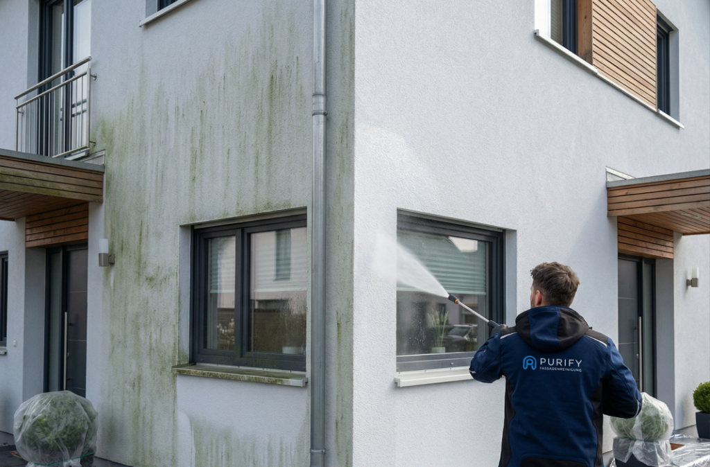 Fertighaus-Fassade reinigen: schonende Reinigung Purify-Techniker reinigt eine verschmutzte Fertighaus-Fassade mit grünem Algenbelag schonend per Niederdrucktechnik.
