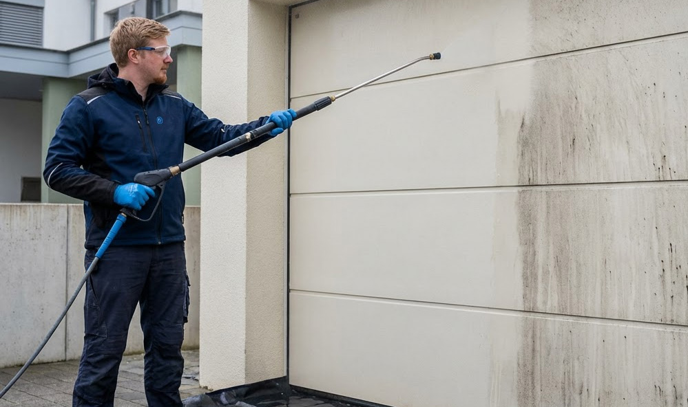 Garagenfassade reinigen mit materialschonender Technik Mitarbeiter reinigt eine verschmutzte Garagenfassade schonend mit Niederdrucktechnik und entfernt dunkle Ablaufspuren.