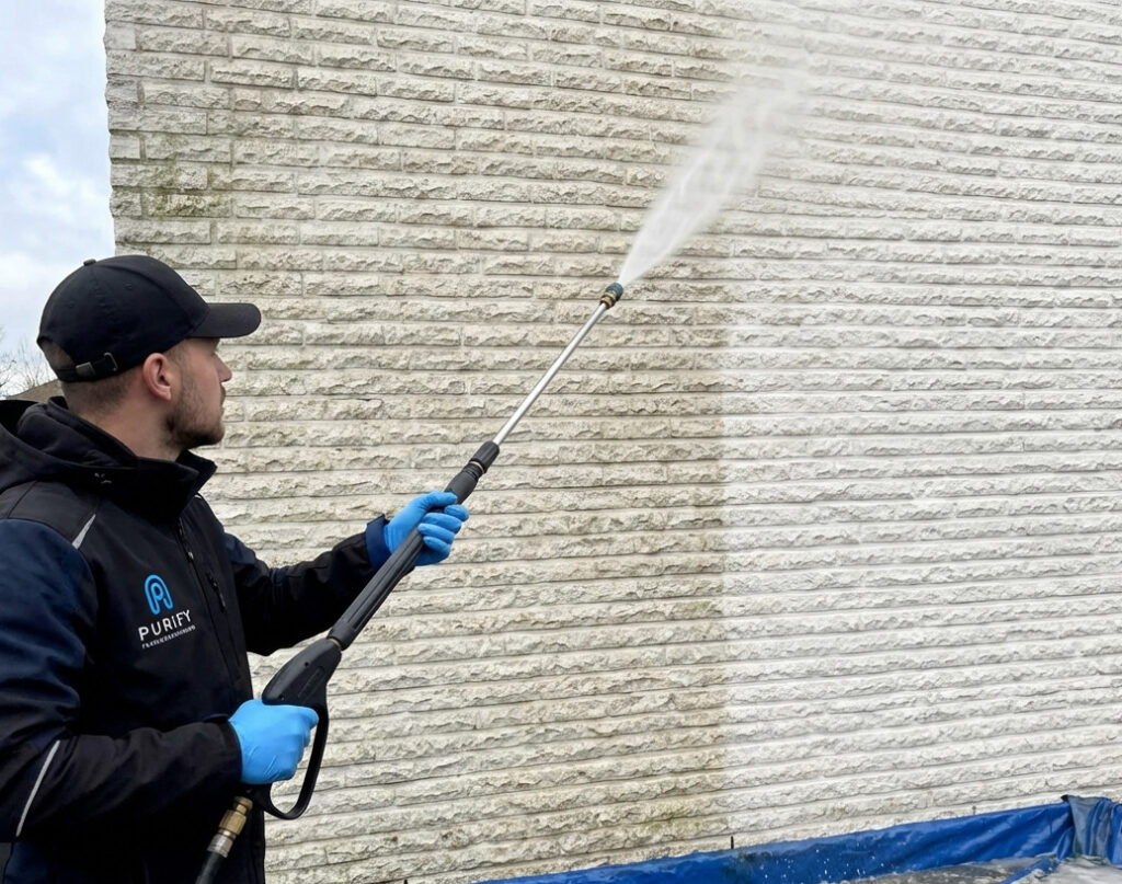 Kalksandstein-Fassade reinigen mit schonender Niederdrucktechnik Mitarbeiter reinigt eine Kalksandstein-Fassade mit Niederdrucktechnik, sichtbarer Vorher-Nachher-Effekt.
