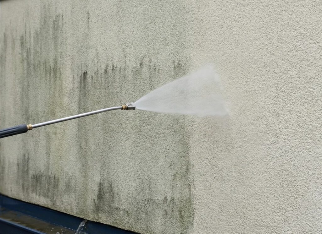 Kratzputzfassade reinigen mit sanfter Niederdrucktechnik Kratzputzfassade reinigen mit Niederdrucktechnik – schonende Entfernung von Algen und Feuchtespuren.