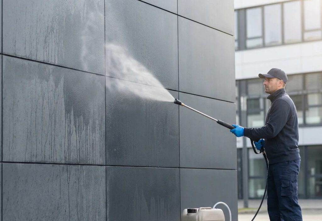 Schonende Niederdruck-Reinigung einer HPL-Fassade Fachgerechte Reinigung einer dunklen Trespa-Fassade mit einem Niederdrucksystem zur Vermeidung von Oberflächenschäden.