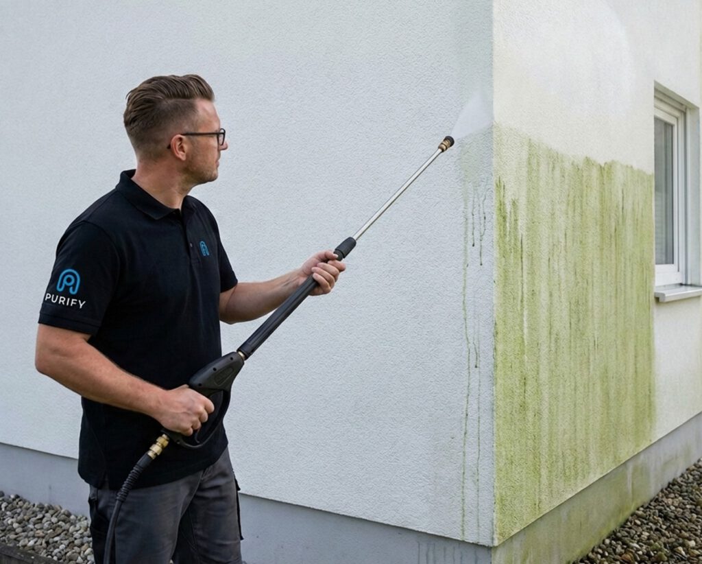 Vollwärmeschutz-Fassade reinigen mit Niederdrucktechnik Purify-Arbeiter reinigt eine Vollwärmeschutz-Fassade schonend mit Niederdrucktechnik und entfernt grünen Algenbelag gleichmäßig von oben nach unten.