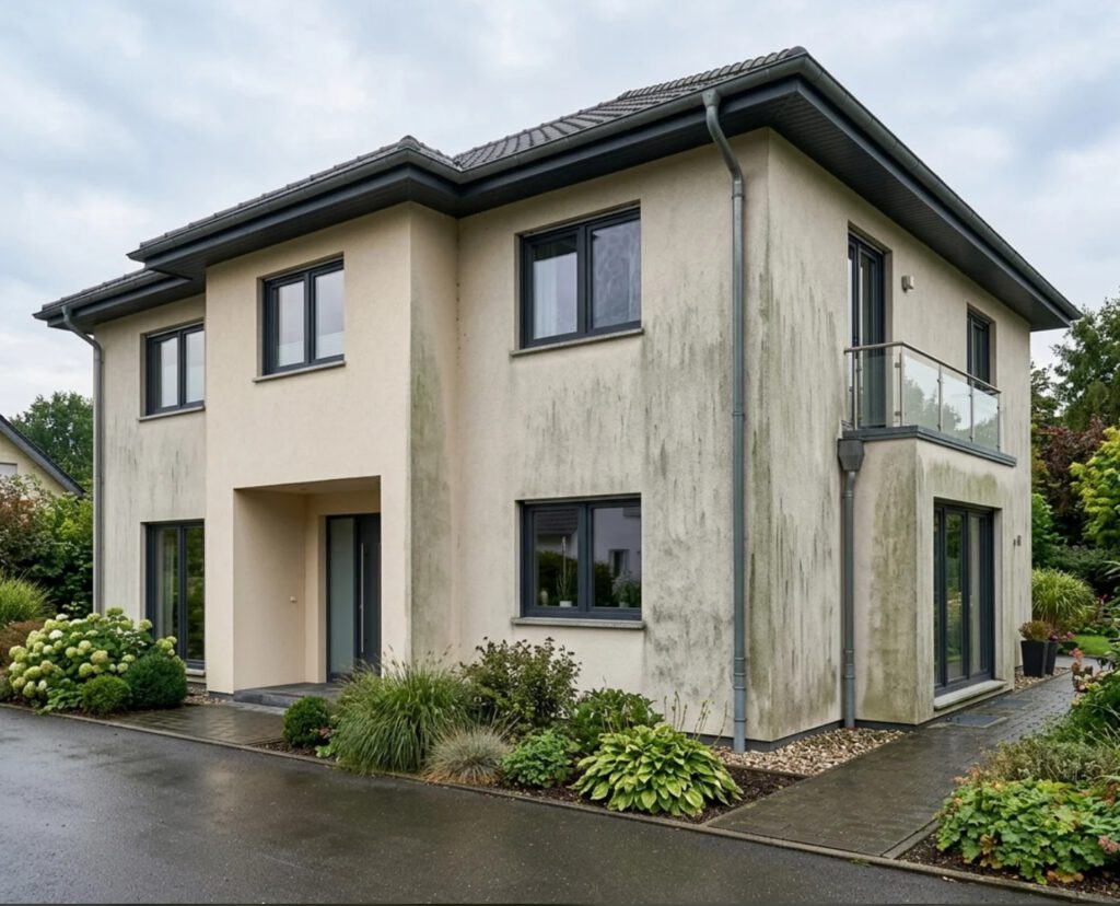 Biofilm auf der Fassade durch Algen und Pilze Biofilm an der Fassade eines Wohnhauses mit sichtbaren Algen und dunklen Verfärbungen
