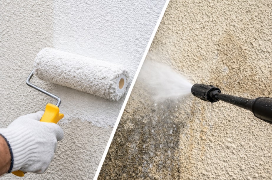 Fassadenreinigung oder Neuanstrich: Direkter Vergleich im Detail Fassadenreinigung oder Neuanstrich im Vergleich: Nahaufnahme von Farbrolle auf Putzfassade und Reinigung mit Niederdruckreiniger