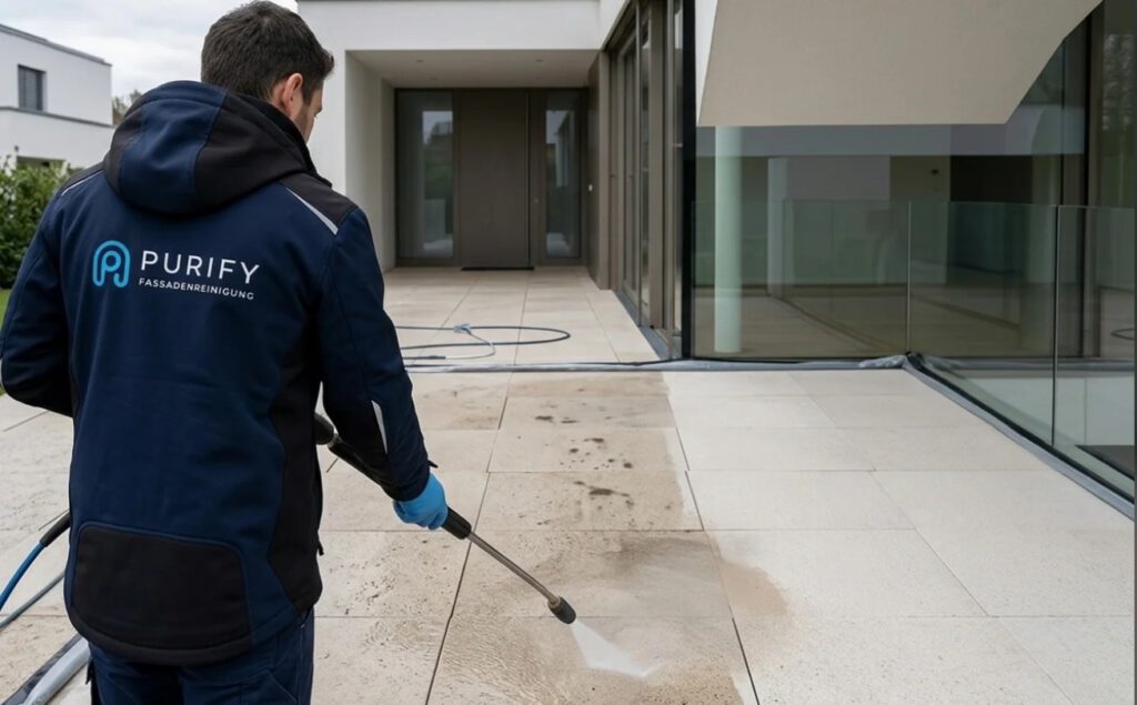 Fettflecken von Stein entfernen mit Niederdrucktechnik Techniker entfernt Fettflecken von Stein auf einer hellen Terrasse mit schonender Niederdrucktechnik