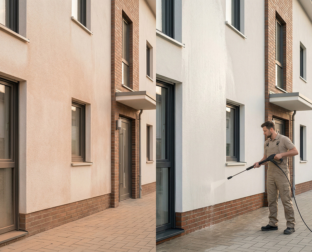 Saharastaub von der Fassade entfernen durch professionelle Reinigung Saharastaub entfernen an der Fassade im Vorher-Nachher Vergleich mit professioneller Reinigung