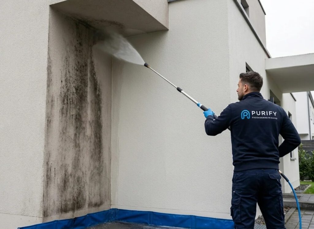 Schimmel in den Ecken der Außenwände fachgerecht entfernen Techniker entfernt Schimmel in den Ecken der Außenwände mit schonender Niederdrucktechnik an einer hellen Fassade