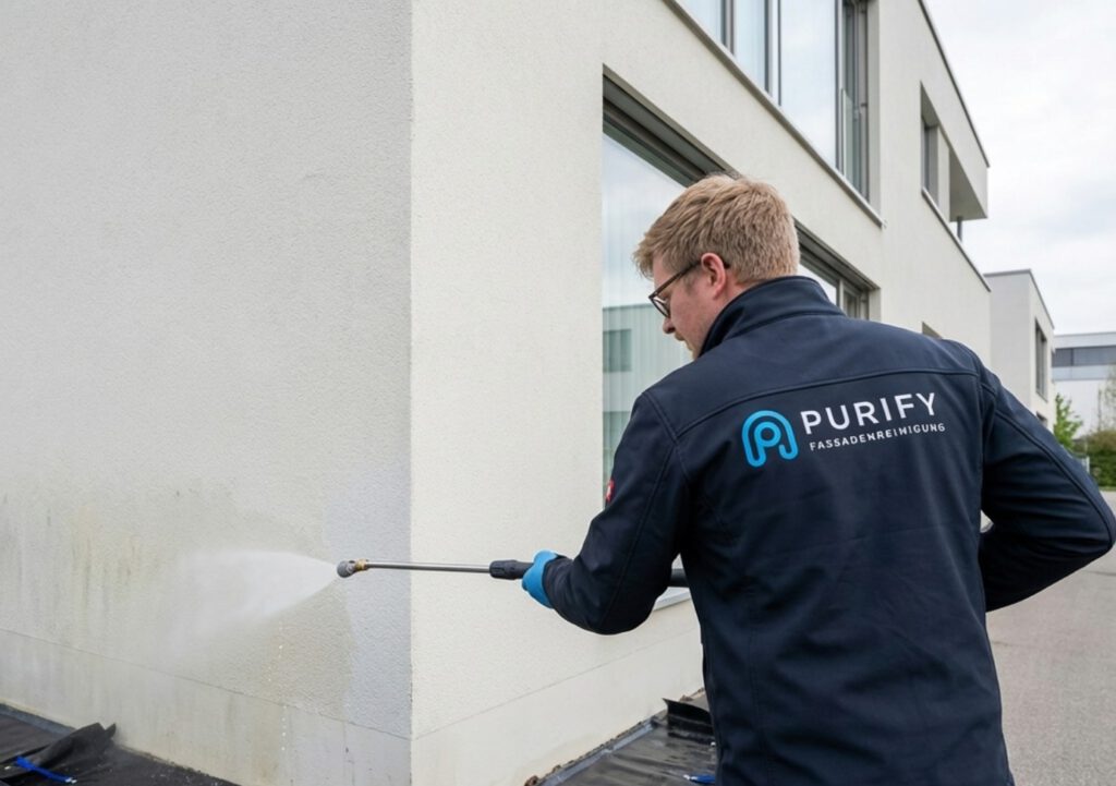 Urinflecken entfernen an der Fassade mit Niederdrucktechnik Techniker entfernt Urinflecken an der Fassade mit schonender Niederdrucktechnik im Sockelbereich