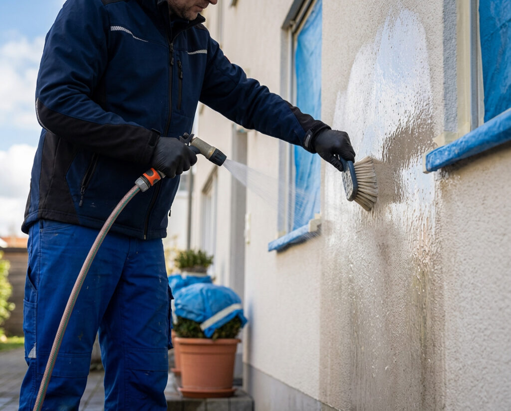 Kann ich meine Fassade mit einem Gartenschlauch reinigen? Person reinigt eine helle Putzfassade mit Gartenschlauch und weicher Bürste. Das Bild passt zur Frage: Kann ich meine Fassade mit einem Gartenschlauch reinigen?