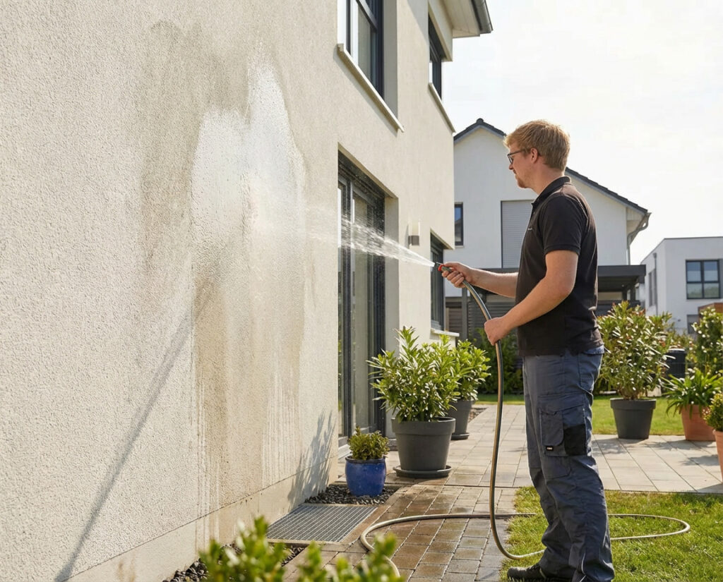 Fassade mit Wasser reinigen an einer Putzfassade Person reinigt eine helle Putzfassade an einem Wohnhaus mit einem Gartenschlauch, um die Fassade mit Wasser zu reinigen.