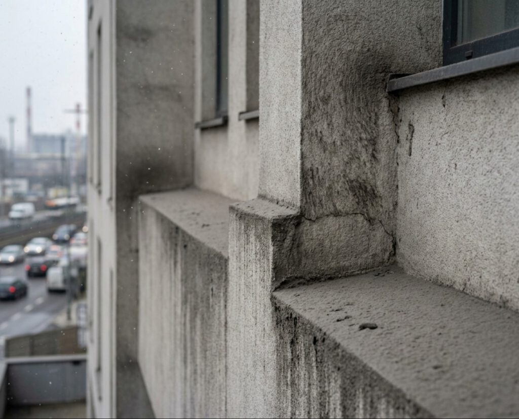 Feinstaub auf Fassaden sichtbar an verschmutzter Hauswand Feinstaub auf Fassaden als graue Ablagerung auf einer verschmutzten Gebäudefassade in urbaner Umgebung