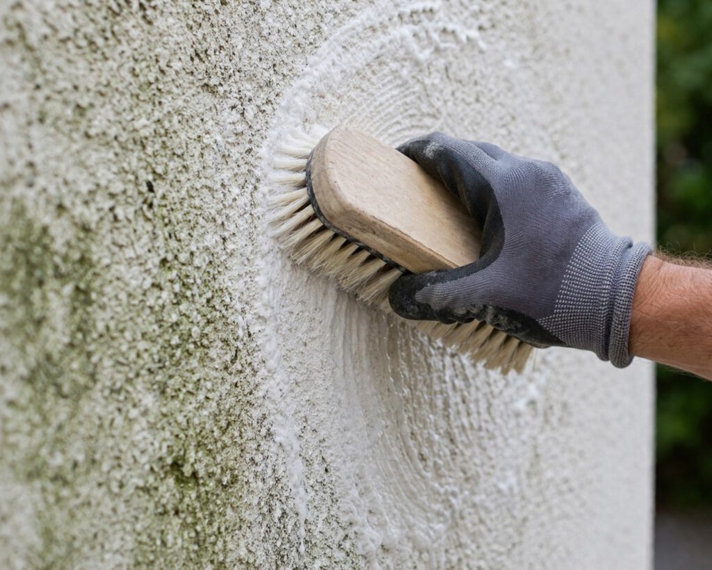 Reinigung mit weicher Bürste im Detail Nahaufnahme einer Hand mit weicher Bürste bei der schonenden Reinigung einer Putzfassade