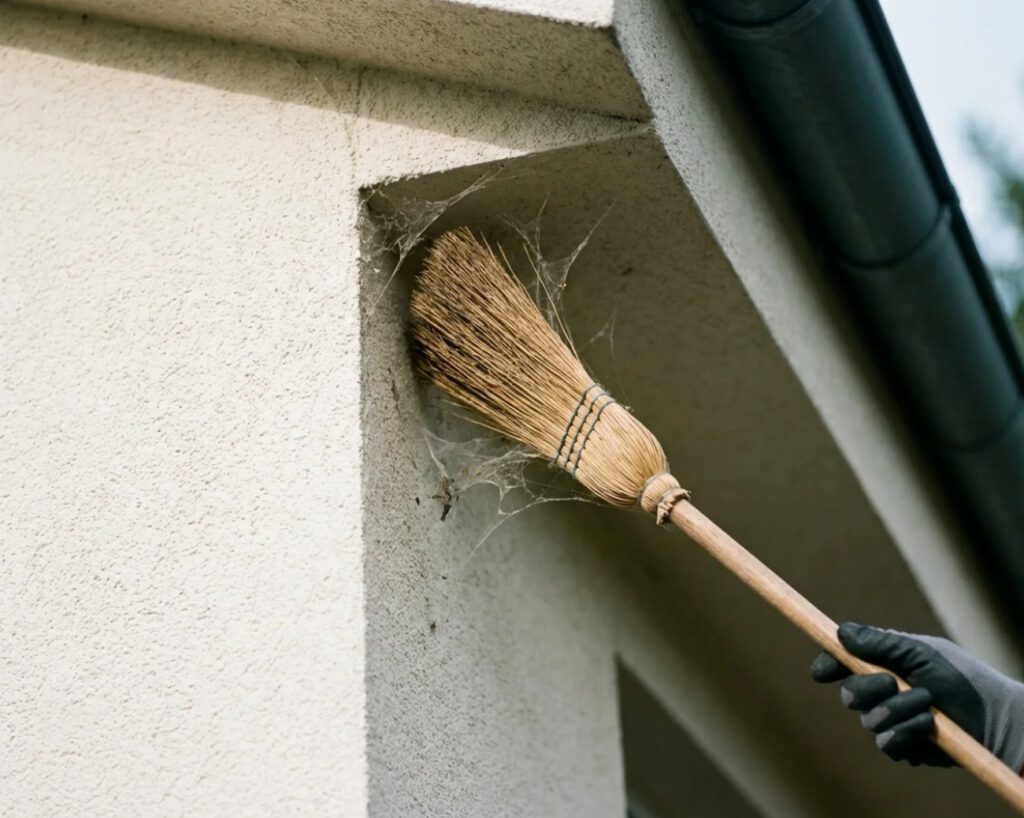 Spinnweben draußen entfernen mit Besen an der Fassade Spinnweben draußen entfernen mit Besen an einer Hausfassade im Außenbereich.