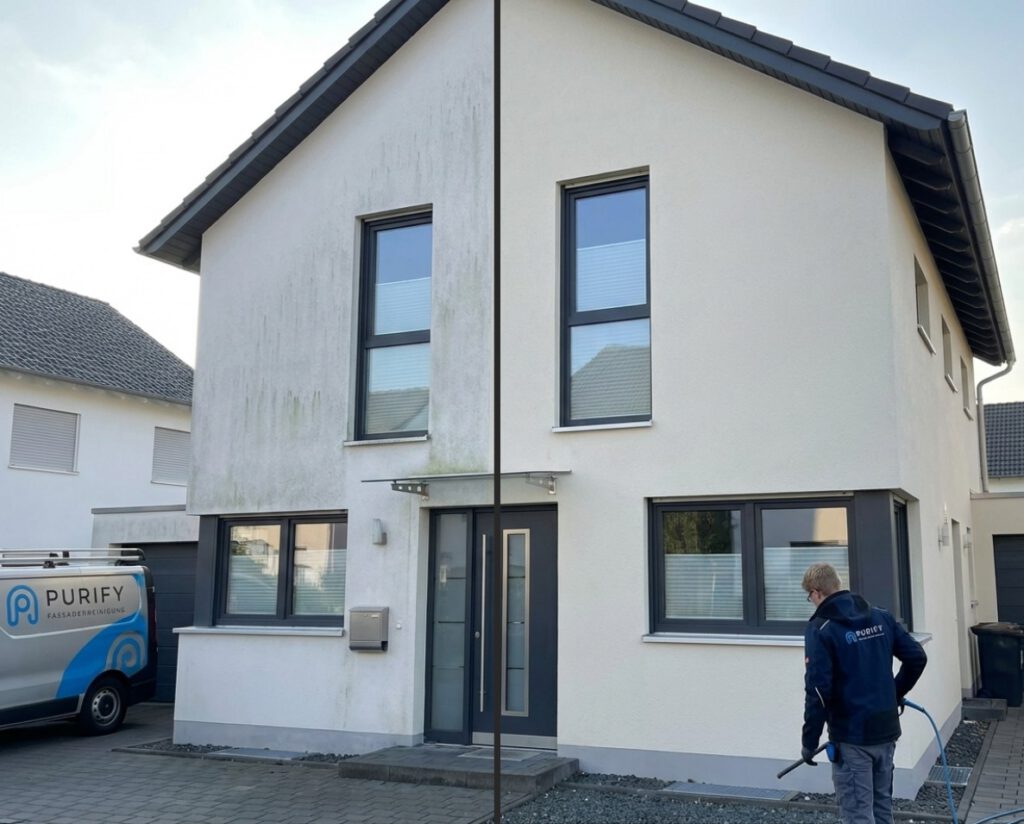 Was bringt eine Fassadenreinigung? Sichtbarer Unterschied an der Hausfassade Was bringt eine Fassadenreinigung: Vorher-Nachher-Vergleich einer Hausfassade mit deutlich sauberer und gleichmäßiger Oberfläche