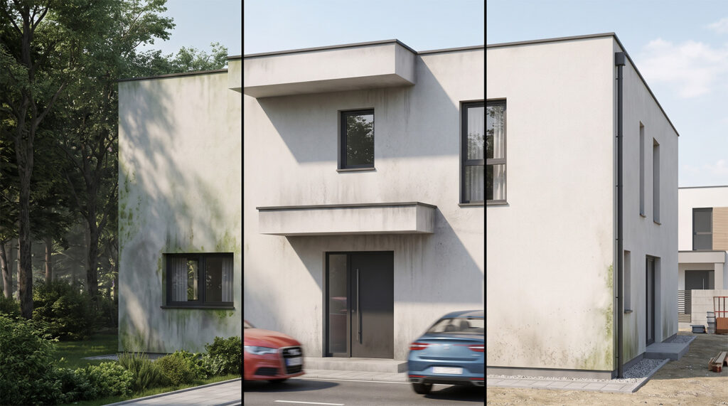 Fassade verschmutzt durch unterschiedliche Standorte: Waldrand mit Algenbewuchs, Hauptstraße mit grauem Schmutzfilm und Neubaugebiet mit Baustaub.