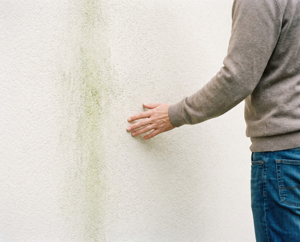 Hausbesitzer prüft mit der Hand eine helle Putzfassade mit grünem Algenstreifen, um zu beurteilen, ob eine Reinigung nötig ist.