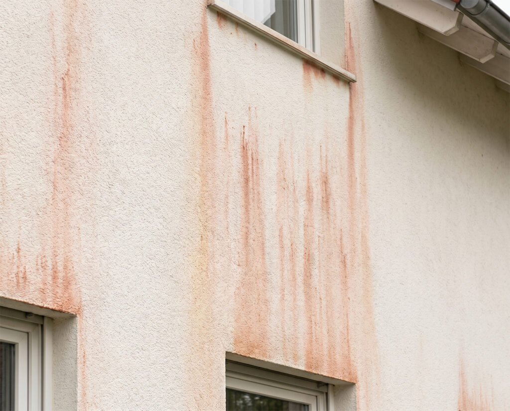 Rote Streifen an der Hauswand: rötlich-lachsfarbene Rotalgen laufen unterhalb der Fensterbänke über den hellen Putz.