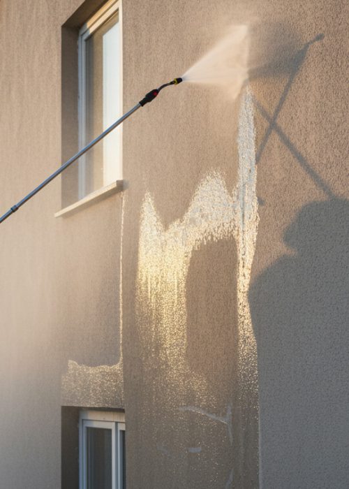 Fassadenreinigung in Heidelberg mit Teleskoplanze an einer Putzfassade