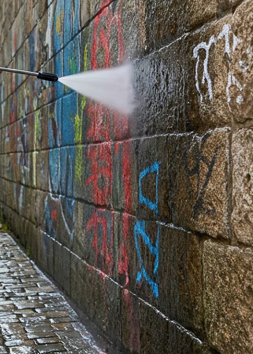 Ein Wasserstrahl entfernt Graffiti von einer Natursteinfassade in der Altstadt von Ludwigsburg – professionelle Fassadenreinigung mit schonender Technik.