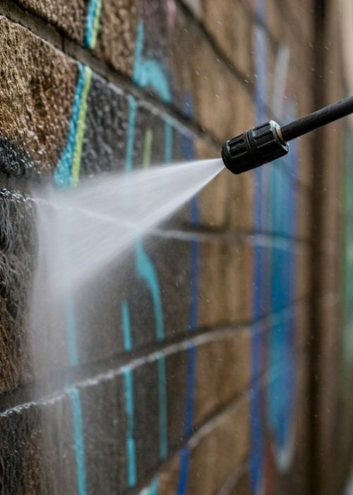Nahaufnahme einer Sprühdüse bei der Graffitientfernung an einer Natursteinfassade in Ludwigsburg.