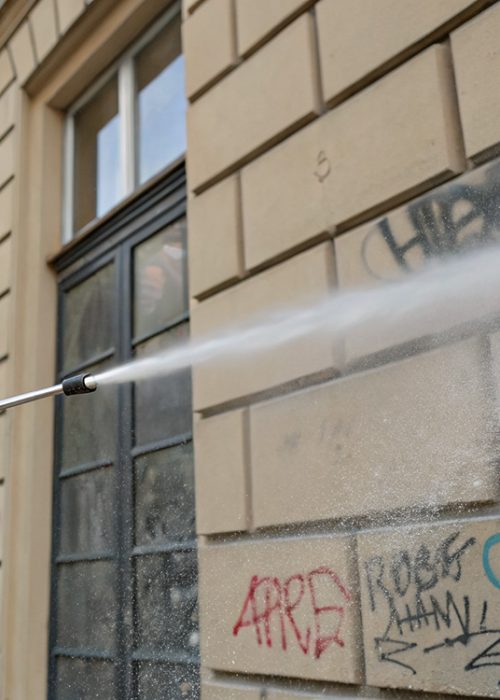 Fassadenreinigung in Offenburg mit professioneller Graffitientfernung an historischer Stadtfassade.