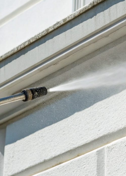 Eine weiße Hausfassade wird mit einem Wasserstrahl aus einer Teleskoplanze gereinigt – professionelle Fassadenreinigung in Pforzheim mit Niederdrucktechnik.