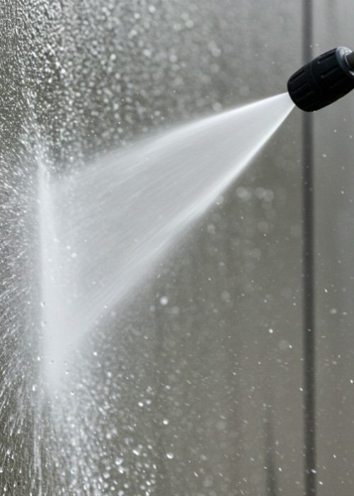 Nahaufnahme einer Sprühdüse bei der Fassadenreinigung in Schwäbisch Gmünd – gezielter Wasserstrahl auf glatter Betonoberfläche.