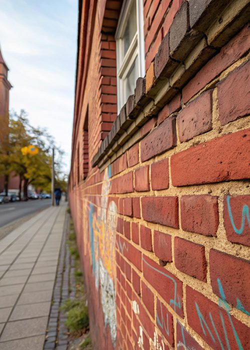 Rote Klinkerfassade im Stadtzentrum von Esslingen mit farbigen Graffiti vor der Reinigung – typisches Einsatzgebiet für professionelle Graffitientfernung.